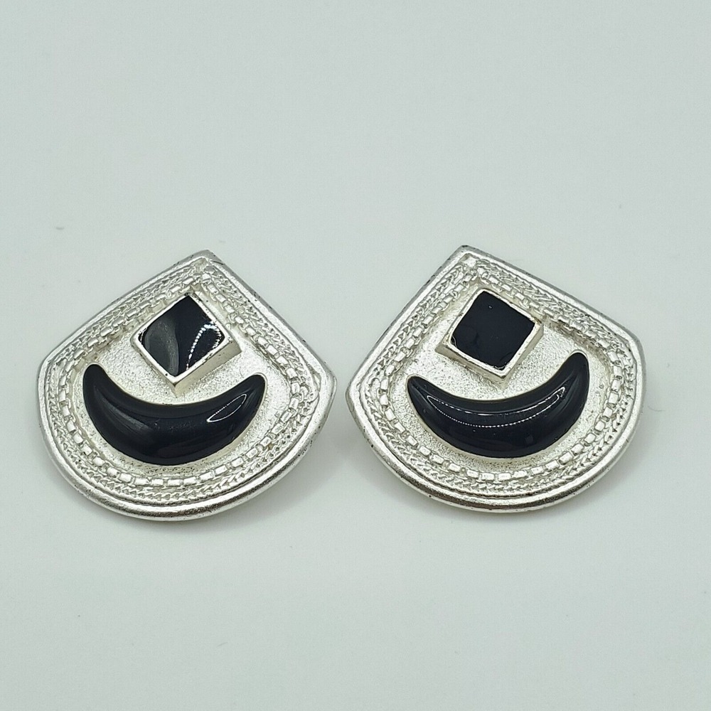 Vendome Womens Clip On Earrings Silver Tone Black Enamel Statement Retro Classic